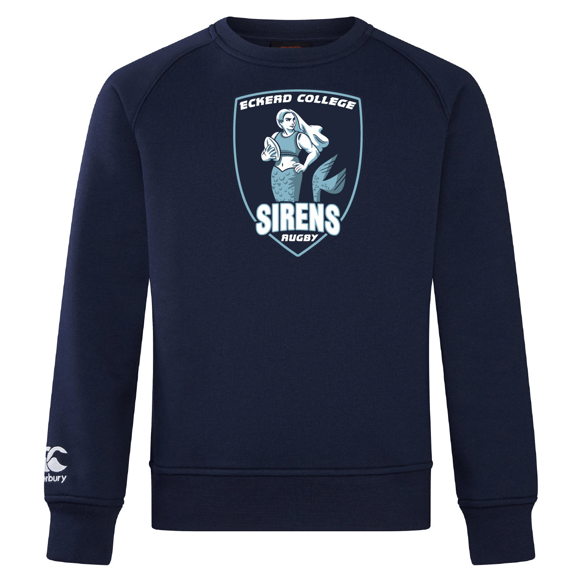 The Eckerd College Club Crew Sweatshirt by Canterbury in navy blue features the Sirens Rugby team logo and an embroidered CCC logo on the sleeve. Brand: WRS Canterbury.