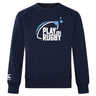 The Play Rugby USA Club Crew Sweatshirt by Canterbury (WRS Canterbury) is a navy blue sweatshirt featuring "PLAY USA RUGBY" with three blue stars on the front, an ultra-soft feel, and a white embroidered CCC logo on the left sleeve.