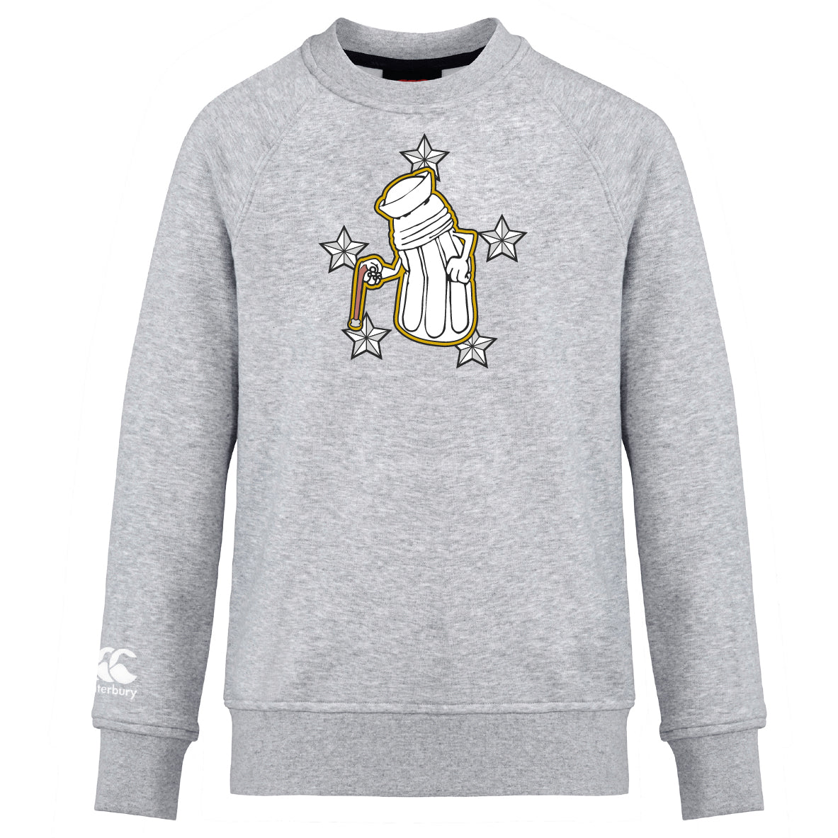 The Five Star Rugby Club Crew Sweatshirt by WRS Canterbury is a grey ultra-soft sweatshirt featuring a gold-outlined golf bag graphic with clubs, four stars, and an embroidered CCC logo on the left sleeve.