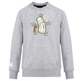 The Five Star Rugby Club Crew Sweatshirt by WRS Canterbury is a grey ultra-soft sweatshirt featuring a gold-outlined golf bag graphic with clubs, four stars, and an embroidered CCC logo on the left sleeve.