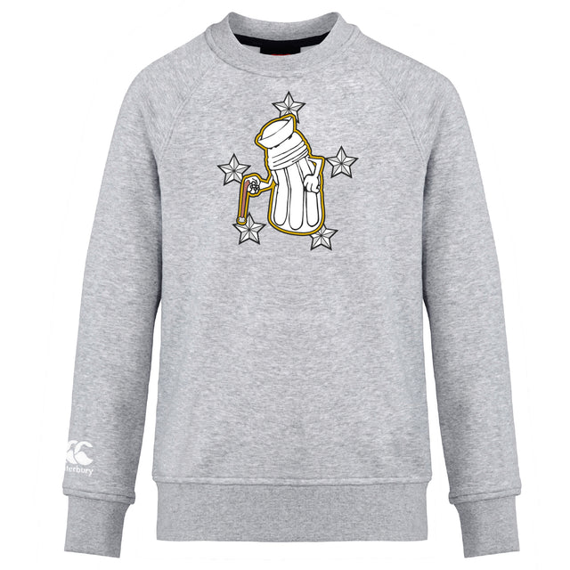 The Five Star Rugby Club Crew Sweatshirt by WRS Canterbury is a grey ultra-soft sweatshirt featuring a gold-outlined golf bag graphic with clubs, four stars, and an embroidered CCC logo on the left sleeve.