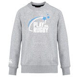 The Play Rugby USA Club Crew Sweatshirt by WRS Canterbury features "PLAY RUGBY USA" text, blue stars, a swoosh graphic, ultra soft fabric, and an embroidered CCC logo on the front for added style.