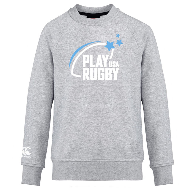The Play Rugby USA Club Crew Sweatshirt by WRS Canterbury features "PLAY RUGBY USA" text, blue stars, a swoosh graphic, ultra soft fabric, and an embroidered CCC logo on the front for added style.