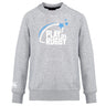 The Play Rugby USA Club Crew Sweatshirt by WRS Canterbury features "PLAY RUGBY USA" text, blue stars, a swoosh graphic, ultra soft fabric, and an embroidered CCC logo on the front for added style.