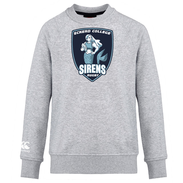 The Eckerd College Club Crew Sweatshirt by Canterbury from WRS Canterbury is a light grey, ultra-soft sweatshirt featuring the "Eckerd College Sirens Rugby" logo with a mermaid and ball on the front plus an embroidered CCC logo.