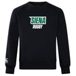The Siena College Club Crew Sweatshirt by Canterbury is a black, ultra-soft piece featuring "Siena Rugby" in white and green on the front. The WRS Canterbury logo is embroidered on the left sleeve for authentic detailing.