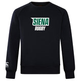 The Siena College Club Crew Sweatshirt by Canterbury is a black, ultra-soft piece featuring "Siena Rugby" in white and green on the front. The WRS Canterbury logo is embroidered on the left sleeve for authentic detailing.