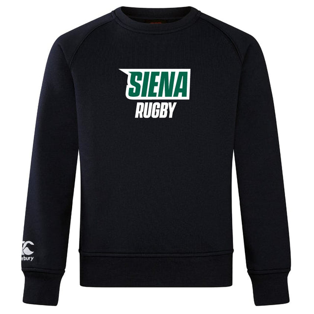 The Siena College Club Crew Sweatshirt by Canterbury is a black, ultra-soft piece featuring "Siena Rugby" in white and green on the front. The WRS Canterbury logo is embroidered on the left sleeve for authentic detailing.