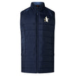 The Five Star Rugby Women's Elite Microlite Gilet by EMB Canterbury is a navy sleeveless vest with Thermoreg fleece lining, zip-up front, and crowned duck and stars logo embroidered on the left chest.