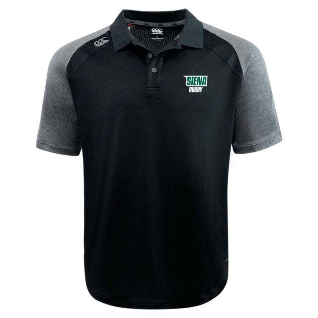 The EMB Canterbury Siena College Elite Polo has a black and gray design with the "Siena Rugby" logo on the left chest. Made with Vapodri fabrics, it's lightweight and durable, offering comfort and performance on or off the field.