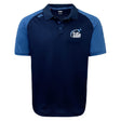 The Play Rugby USA Elite Polo by EMB Canterbury features navy and light blue, a "Play Rugby" chest logo, Canterbury shoulder logo, and is made with moisture-wicking Vapodri fabric for all-day comfort.