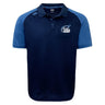 The Play Rugby USA Elite Polo by EMB Canterbury features navy and light blue, a "Play Rugby" chest logo, Canterbury shoulder logo, and is made with moisture-wicking Vapodri fabric for all-day comfort.