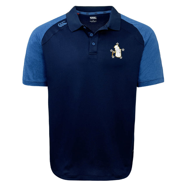 The Five Star Rugby Elite Polo by EMB Canterbury is a lightweight navy polo with lighter blue sleeves, a buttoned collar, Vapodri moisture-control fabric, and an embroidered crest on the left chest.