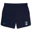 Navy blue Eckerd College Elite Woven Shorts by EMB Canterbury, featuring a small logo on the left leg and an Eckerd College team badge on the right—ideal for training or daily workouts.
