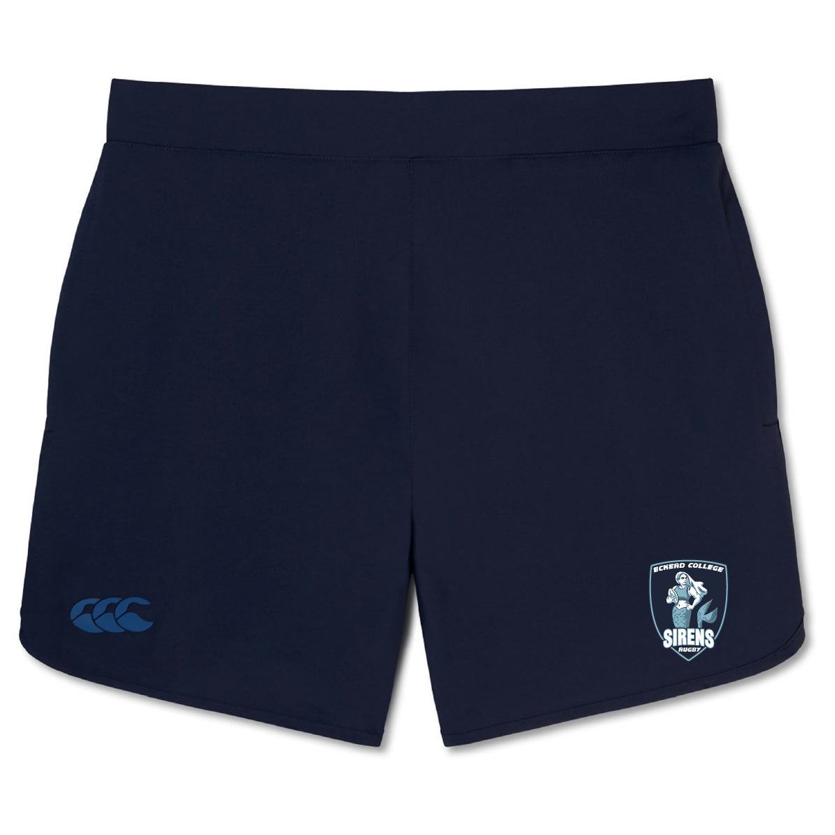 Navy blue Eckerd College Elite Woven Shorts by EMB Canterbury, featuring a small logo on the left leg and an Eckerd College team badge on the right—ideal for training or daily workouts.
