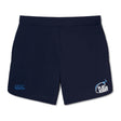 The Play Rugby USA Elite Woven Short by EMB Canterbury in navy features the logo on the left leg and a bold "Play Rugby" graphic on the right, making them ideal for training or workouts.
