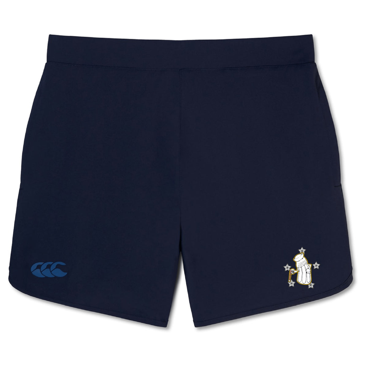 The Five Star Rugby Women's Elite Woven Short by EMB Canterbury features navy blue fabric, a blue Canterbury logo on the left leg, and an embroidered knight and stars emblem on the right—ideal for workouts or gym sessions.