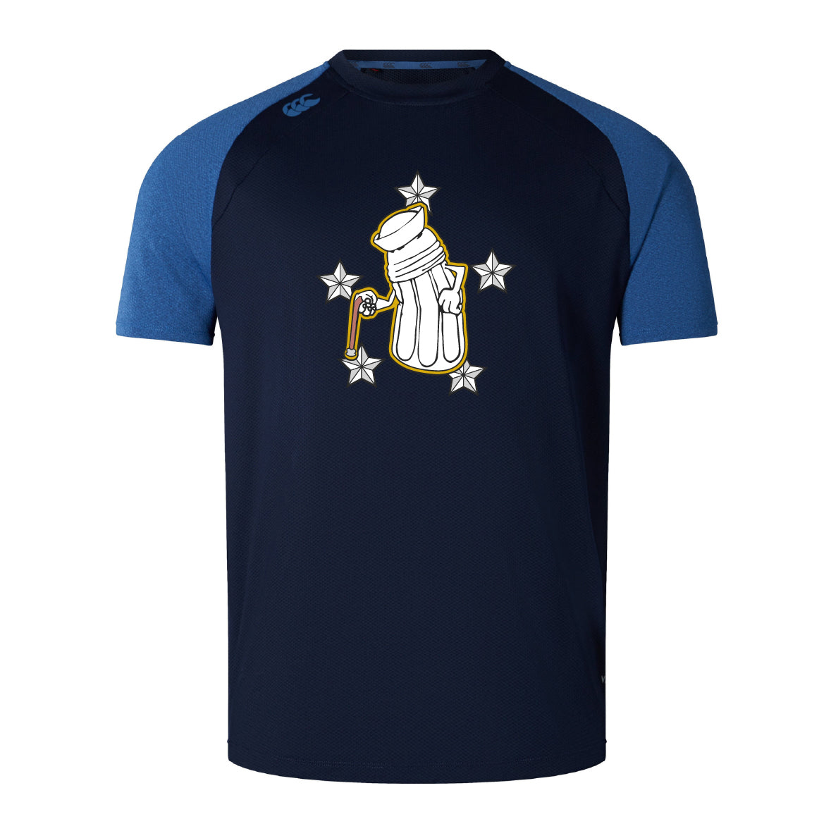 The Five Star Rugby Elite Training Tee by WRS Canterbury features navy and blue raglan sleeves, lightweight durable fabric, and a chest graphic of a beer tap and mug with five white stars.
