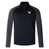The Superior Rugby Elite 1/4 Zip Top by EMB Canterbury features black and dark gray colors, a red and white winged "S" logo on the chest, zippered side pockets, and is crafted from lower impact materials for comfort and performance.