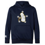 The Five Star Rugby Club Lightweight Hoodie by WRS Canterbury features a navy blue design with a white-gloved hand holding a key, surrounded by four silver stars on the front, plus a convenient kangaroo pocket.
