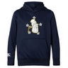 The Five Star Rugby Club Lightweight Hoodie by WRS Canterbury features a navy blue design with a white-gloved hand holding a key, surrounded by four silver stars on the front, plus a convenient kangaroo pocket.