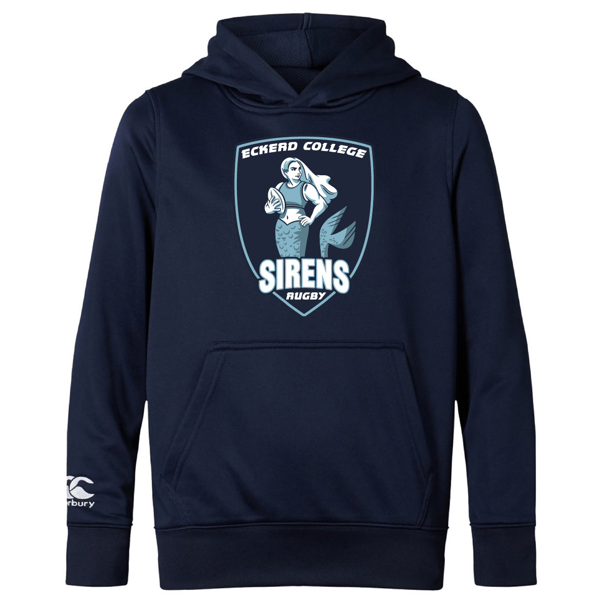 The WRS Canterbury Eckerd College Club Lightweight Hoodie features a navy design with the Sirens Rugby mermaid logo holding a rugby ball on the front and includes a convenient kangaroo pocket.
