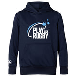 The Play Rugby USA Club Lightweight Hoodie by WRS Canterbury is a navy hoodie featuring "PLAY USA RUGBY" with three stars on the front, a kangaroo pocket, and a small Canterbury logo on the sleeve.