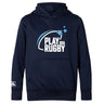 The Play Rugby USA Club Lightweight Hoodie by WRS Canterbury is a navy hoodie featuring "PLAY USA RUGBY" with three stars on the front, a kangaroo pocket, and a small Canterbury logo on the sleeve.