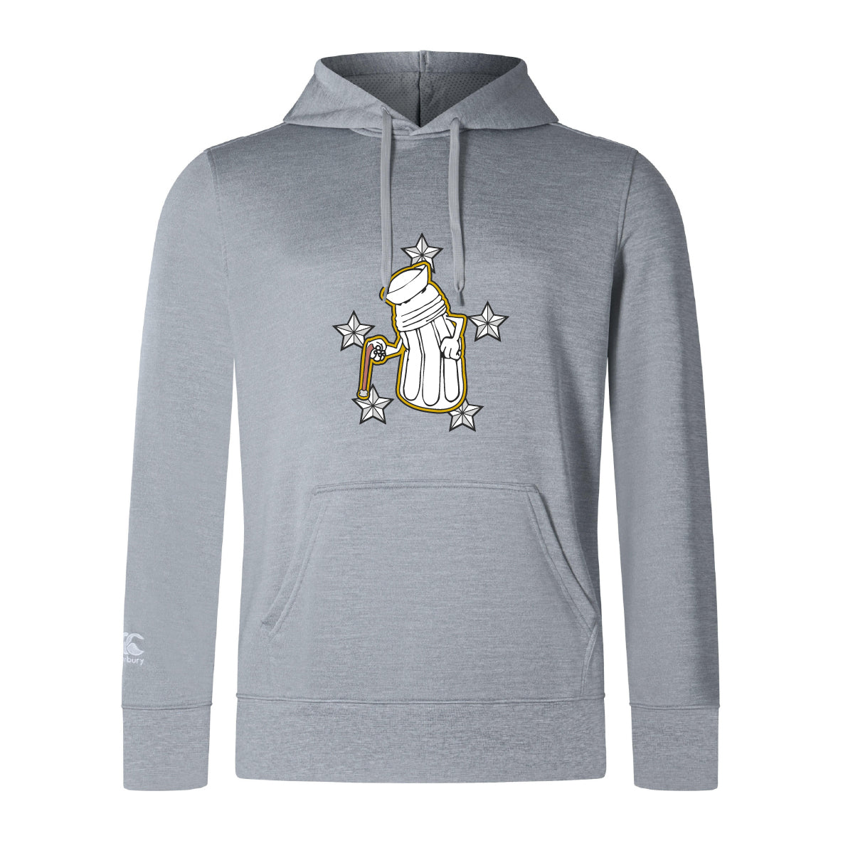 The Five Star Rugby Club Lightweight Hoodie by WRS Canterbury features a light gray color, front pocket, and gold/black-outlined telescope and five stars graphic—ideal for stargazers seeking a custom hoodie.