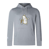 The Five Star Rugby Club Lightweight Hoodie by WRS Canterbury features a light gray color, front pocket, and gold/black-outlined telescope and five stars graphic—ideal for stargazers seeking a custom hoodie.