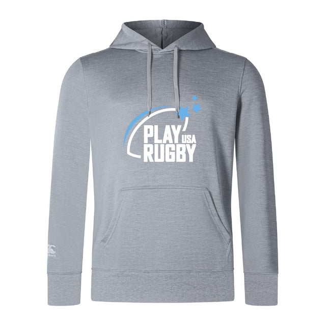 The Play Rugby USA Club Lightweight Hoodie by WRS Canterbury features "PLAY USA RUGBY" and a rugby ball graphic in white and blue, with a kangaroo pocket. Ideal for Canterbury Club fans seeking comfort and style.