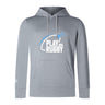 The Play Rugby USA Club Lightweight Hoodie by WRS Canterbury features "PLAY USA RUGBY" and a rugby ball graphic in white and blue, with a kangaroo pocket. Ideal for Canterbury Club fans seeking comfort and style.
