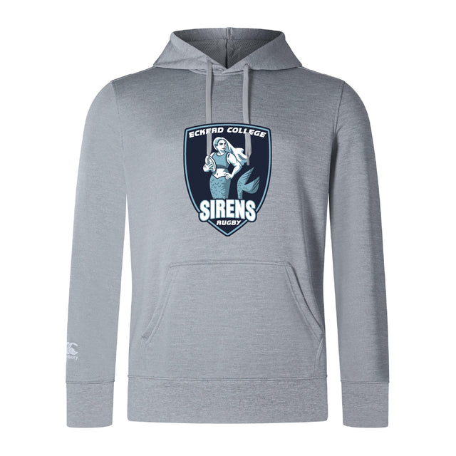 The Eckerd College Club Lightweight Hoodie by Canterbury from WRS Canterbury features a light gray design, kangaroo pocket, and Sirens Rugby logo with a mermaid holding a rugby ball on the front.