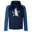 The Five Star Rugby Elite Training Hoody by WRS Canterbury features a navy blue design with a front graphic of a hand holding a baton surrounded by stars. Perfect for training sessions or everyday comfort.