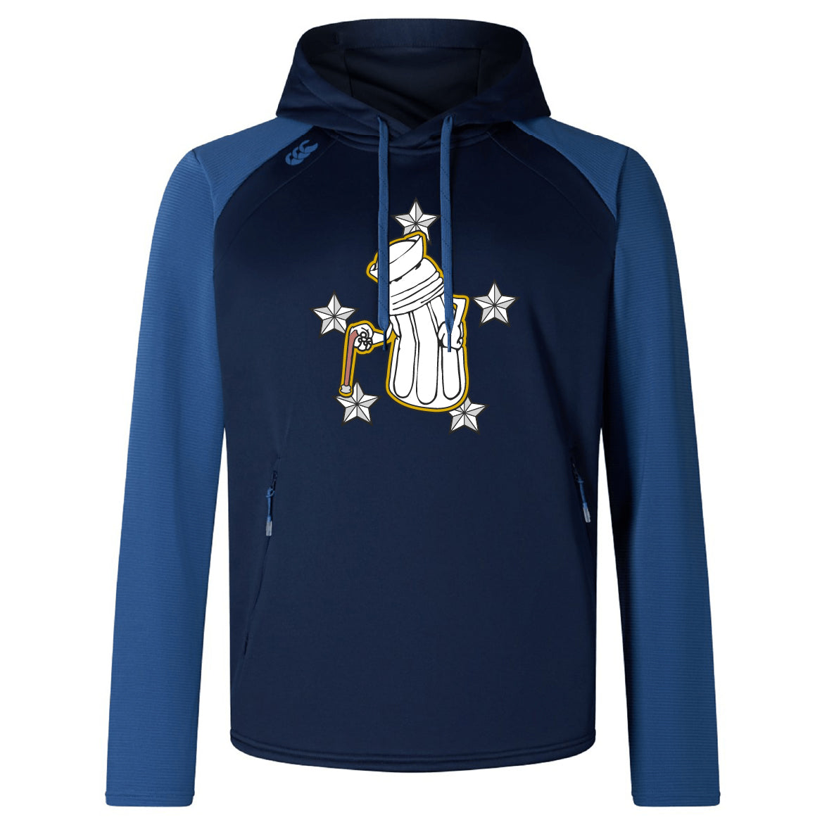The Five Star Rugby Elite Training Hoody by WRS Canterbury features a navy blue design with a front graphic of a hand holding a baton surrounded by stars. Perfect for training sessions or everyday comfort.