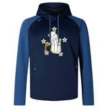 The Five Star Rugby Elite Training Hoody by WRS Canterbury features a navy blue design with a front graphic of a hand holding a baton surrounded by stars. Perfect for training sessions or everyday comfort.