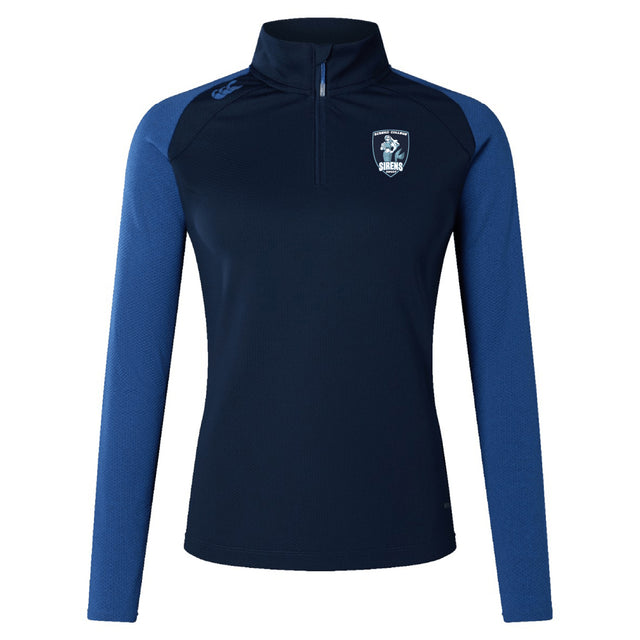 Eckerd College Women's Elite First Layer by EMB Canterbury: navy and blue long-sleeve quarter-zip athletic top with club crest left chest, Canterbury logo right shoulder, and moisture-wicking VapoDri technology to keep you dry.