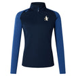 The EMB Canterbury Five Star Rugby Women's Elite First Layer is a navy and blue long-sleeve top with a quarter zip, embroidered crest on the left chest, and VapoDri technology for superior moisture wicking.