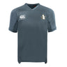 The Five Star Rugby Vapodri Evader Jersey by EMB Canterbury is a gray short-sleeve rugby jersey with moisture-wicking technology, a white logo on the right chest, and a crest on the left chest.