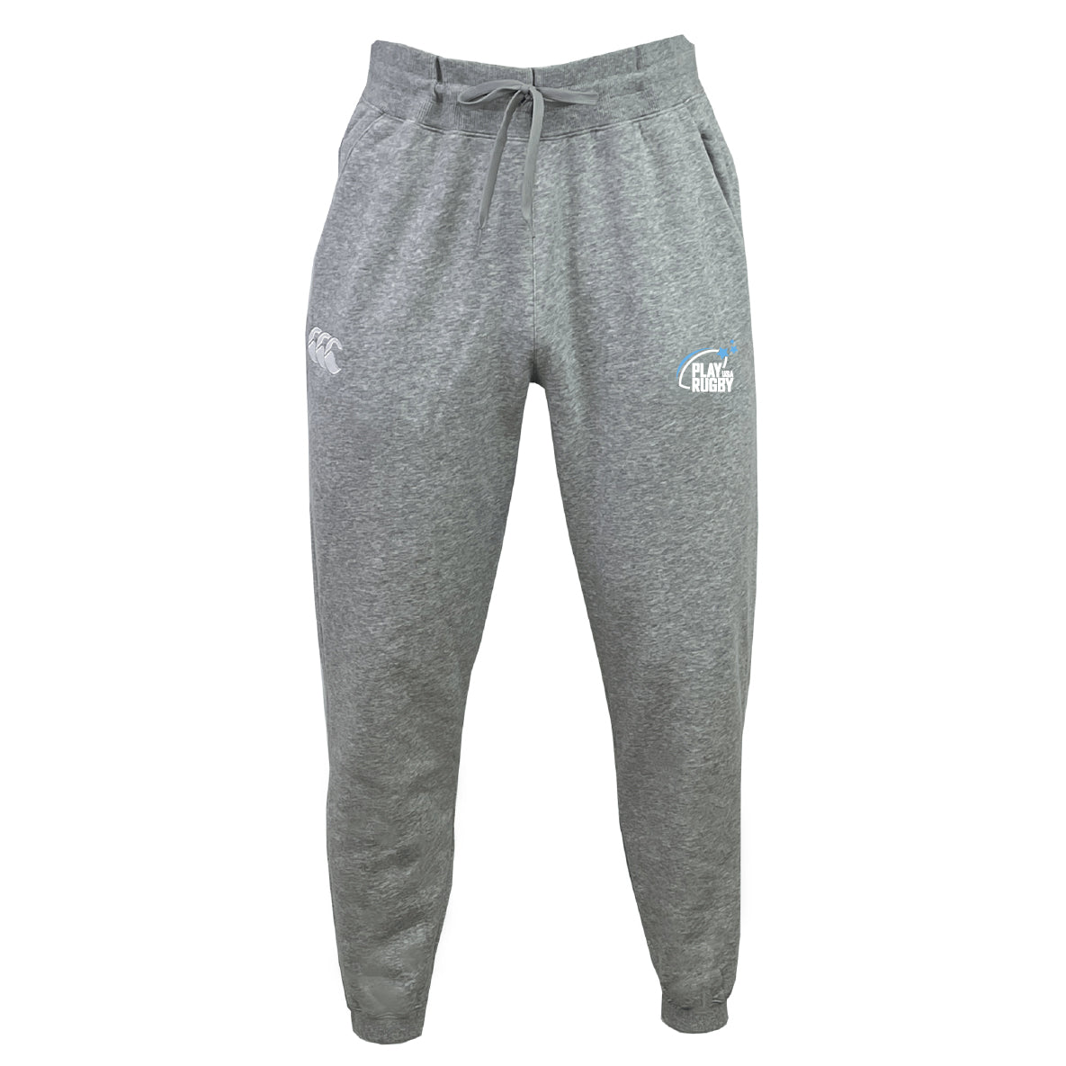 The Play Rugby USA Leisure Sweatpant by EMB Canterbury features gray organic cotton, an elastic waistband with drawstring, and two white thigh logos, shown front-facing on a white background.