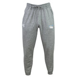 The Play Rugby USA Leisure Sweatpant by EMB Canterbury features gray organic cotton, an elastic waistband with drawstring, and two white thigh logos, shown front-facing on a white background.