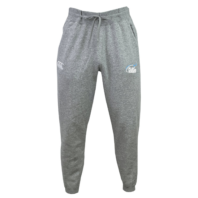 The Play Rugby USA Leisure Sweatpant by EMB Canterbury features gray organic cotton, an elastic waistband with drawstring, and two white thigh logos, shown front-facing on a white background.