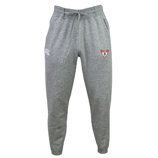The Superior Rugby Leisure Sweatpant by EMB Canterbury features organic cotton, a drawstring waistband, elastic cuffs, and two embroidered logos—one white and one red—on the upper thighs.