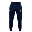 The EMB Canterbury Eckerd College Leisure Sweatpant features navy blue sustainable fleece, a drawstring waist, two logos on the upper legs, and tapered legs.