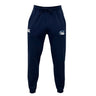 The Play Rugby USA Leisure Sweatpant by EMB Canterbury features a navy blue design, drawstring waist, two front pockets, and white logos on both upper thighs.