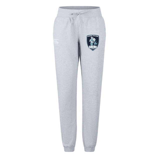 The EMB Canterbury Eckerd College Women's Leisure Sweatpant features a light gray design with a drawstring waist, "Sirens" team logo on the upper left thigh, and is made from soft organic cotton for all-day comfort.