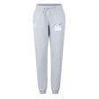 The Play Rugby USA Women's Leisure Sweatpant by EMB Canterbury features a light grey color, drawstring waist, ribbed cuffs, and "PLAY RUGBY" logo with blue stars—ideal for relaxing or stylish rugby training.