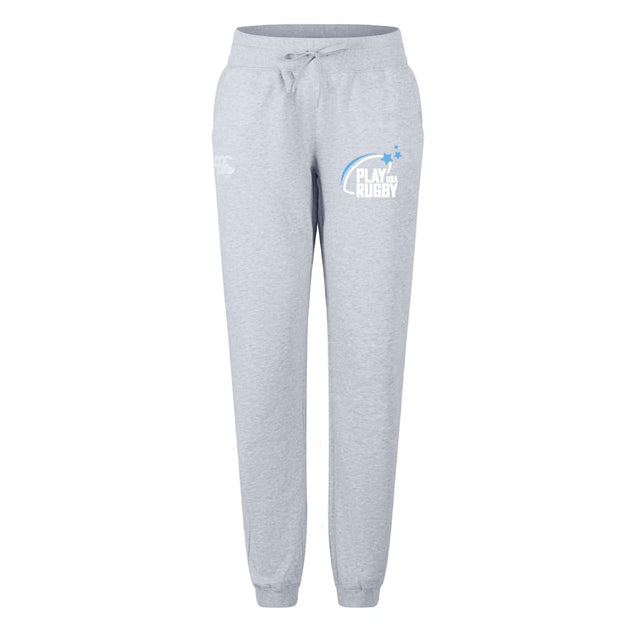The Play Rugby USA Women's Leisure Sweatpant by EMB Canterbury features a light grey color, drawstring waist, ribbed cuffs, and "PLAY RUGBY" logo with blue stars—ideal for relaxing or stylish rugby training.
