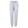 The Play Rugby USA Women's Leisure Sweatpant by EMB Canterbury features a light grey color, drawstring waist, ribbed cuffs, and "PLAY RUGBY" logo with blue stars—ideal for relaxing or stylish rugby training.