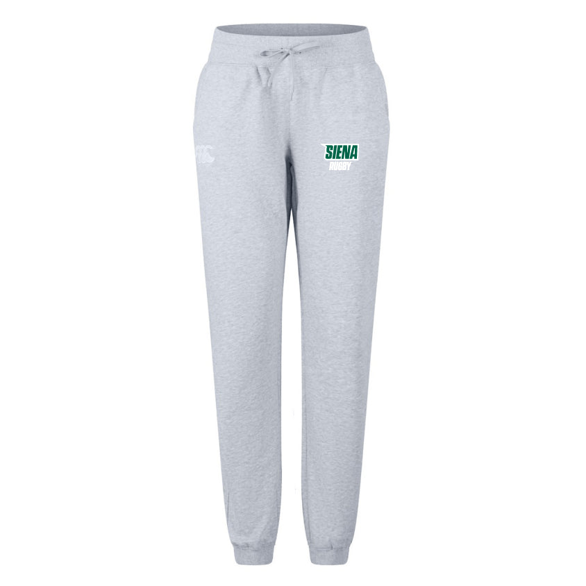 The Siena College Women's Leisure Sweatpant by EMB Canterbury features "SIENA" and a small emblem on one leg, made of organic cotton with an elastic waistband and drawstring for a perfect fit.